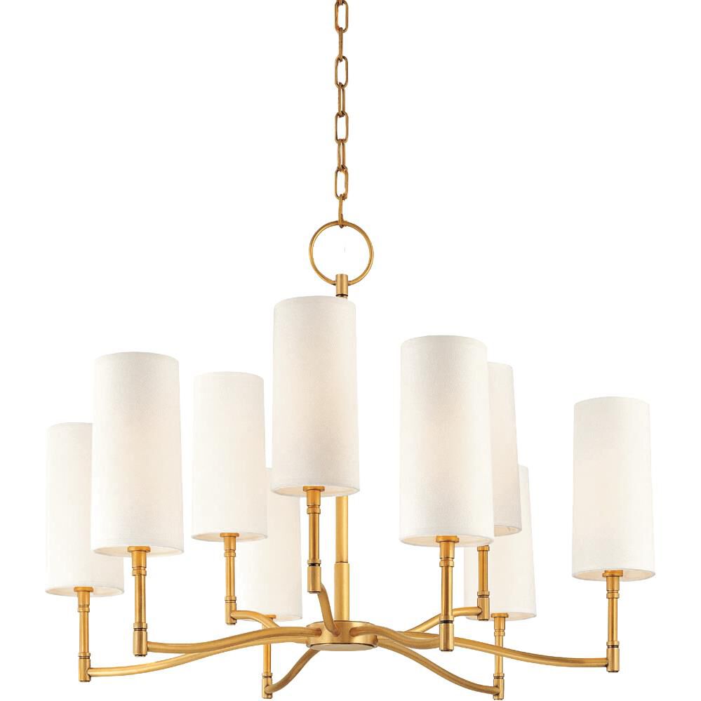 Shown in Aged Brass finish and Off White Linen shade